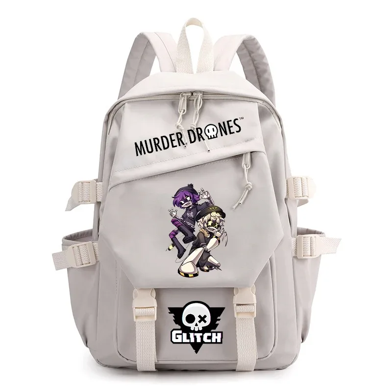 sac dos nylon dessin animé fille guitare murder drones glitch crâne hexagonal gris noir rose vert pastel bandoulière arcuée fermeture éclair usage voyage école