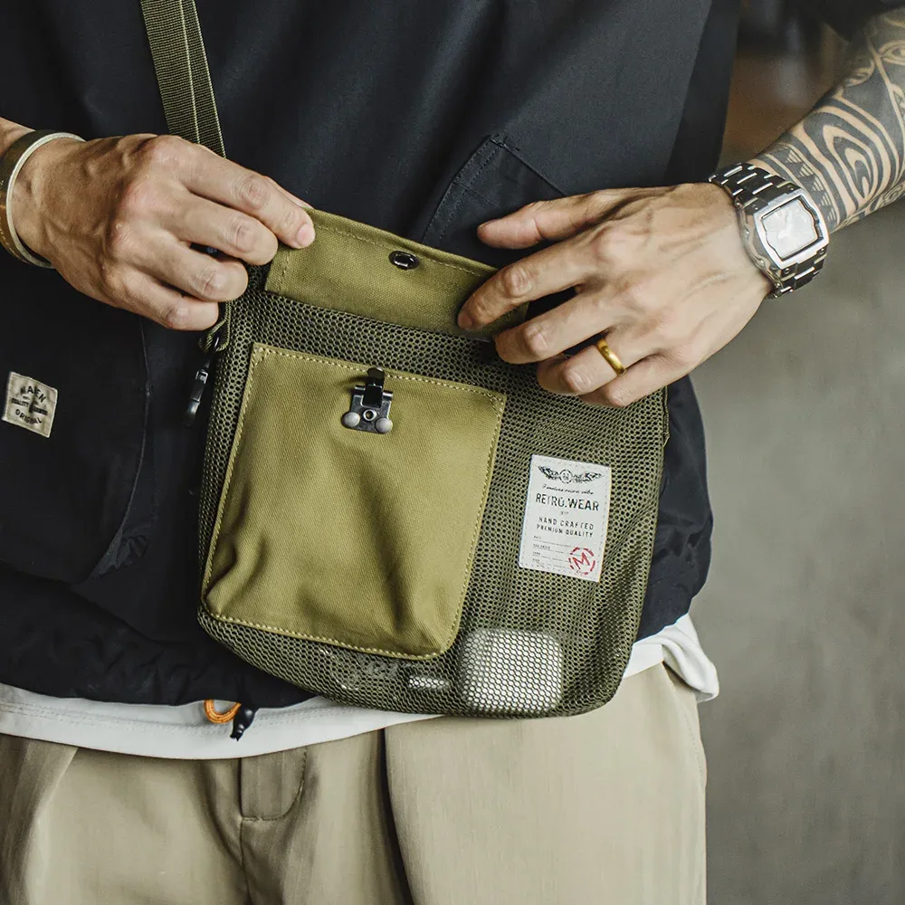maden – sac à bandoulière vert d'extérieur pour hommes, sacoche d'été légère en maille avec sangle réglable, pochette pour téléphone pour la randonnée et le quotidien