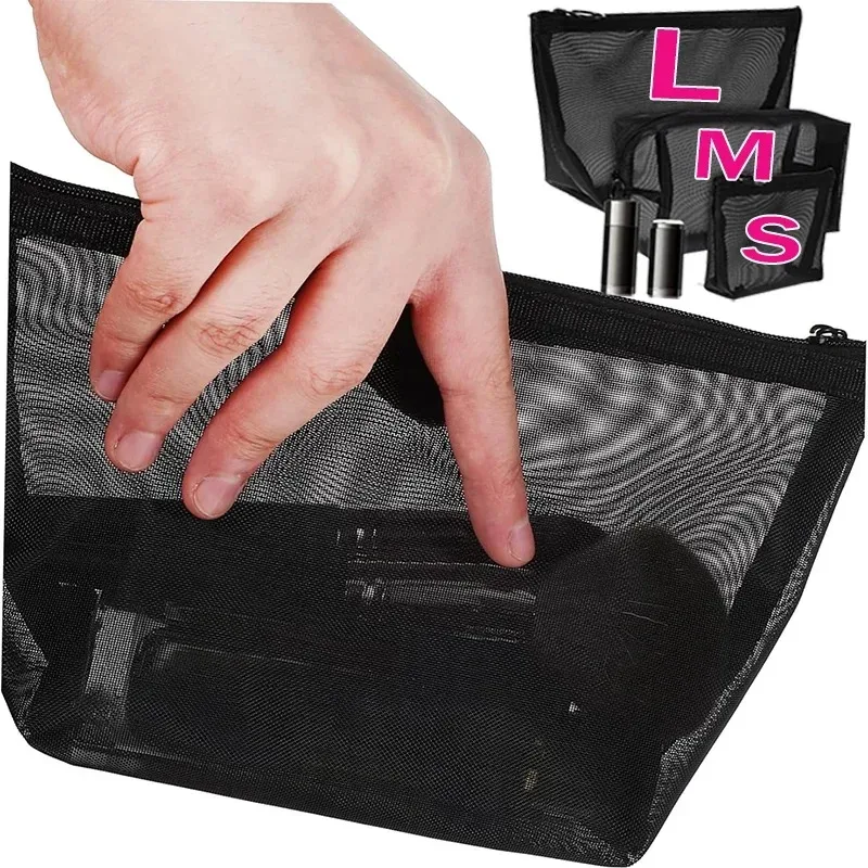 trousse cosmétiques plastique mesh noir translucide fermeture éclair pliable oreiller voyage s m xl