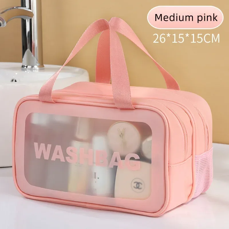 sac de maquillage double transparent en pu avec séparation sec-humide, sac de lavage portable, sac de rangement pour cosmétiques, essentiels de voyage, fitness et natation.