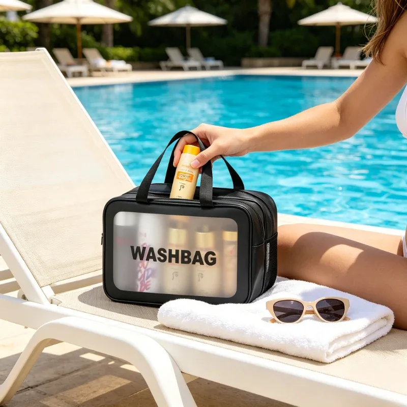 trousse de toilette grande capacité imperméable en pu givré double couche séparation humide/sèche pour voyage, rangement cosmétique et organisateur quotidien