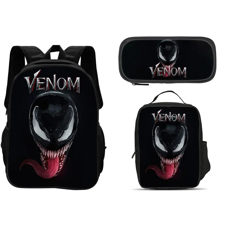 ensemble de 3 pièces du film venom : sac à dos + sac à lunch + trousse à crayons, papeterie de voyage à la mode, cadeau pour enfants, école, polyvalent