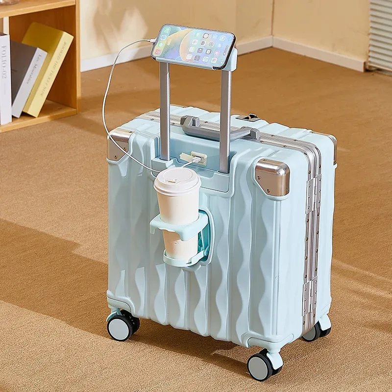 valise 18 "20" mot de passe boîtier de chariot valise cabine de voyage petit bagage avec porte-gobelet usb support pour téléphone valise bagage de voyage