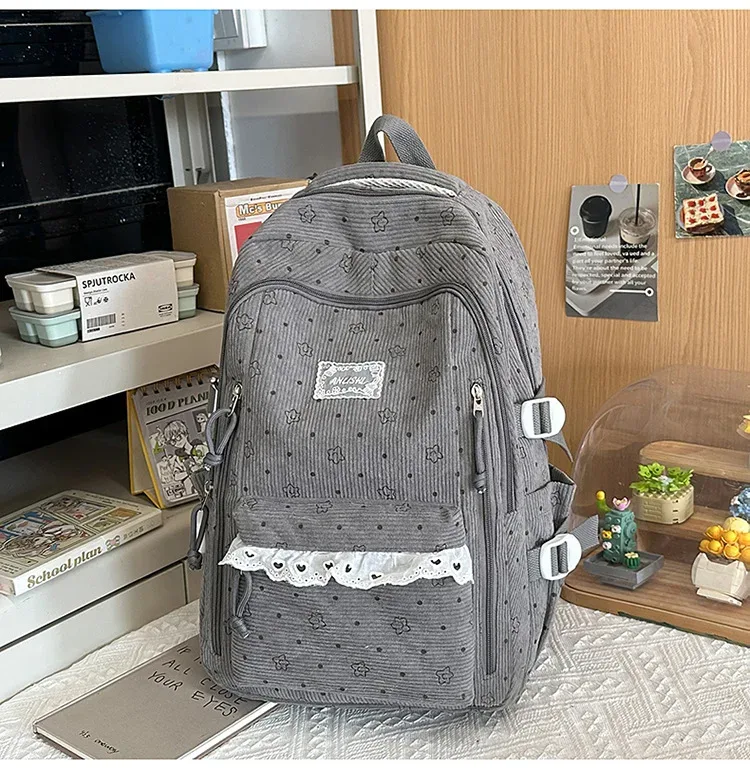 sac à dos d'hiver en velours côtelé, imprimé étoiles coréennes, avec dentelle, mignon, style mori girl, artistique, pour collégiennes