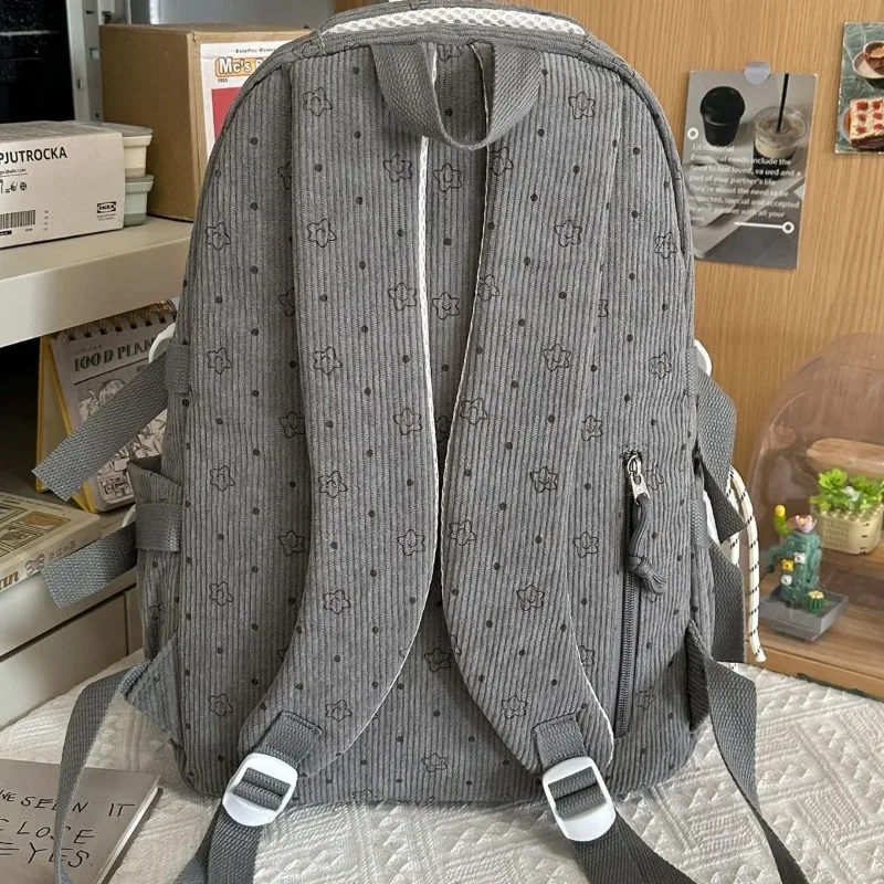 sac à dos d'hiver en velours côtelé, imprimé étoiles coréennes, avec dentelle, mignon, style mori girl, artistique, pour collégiennes