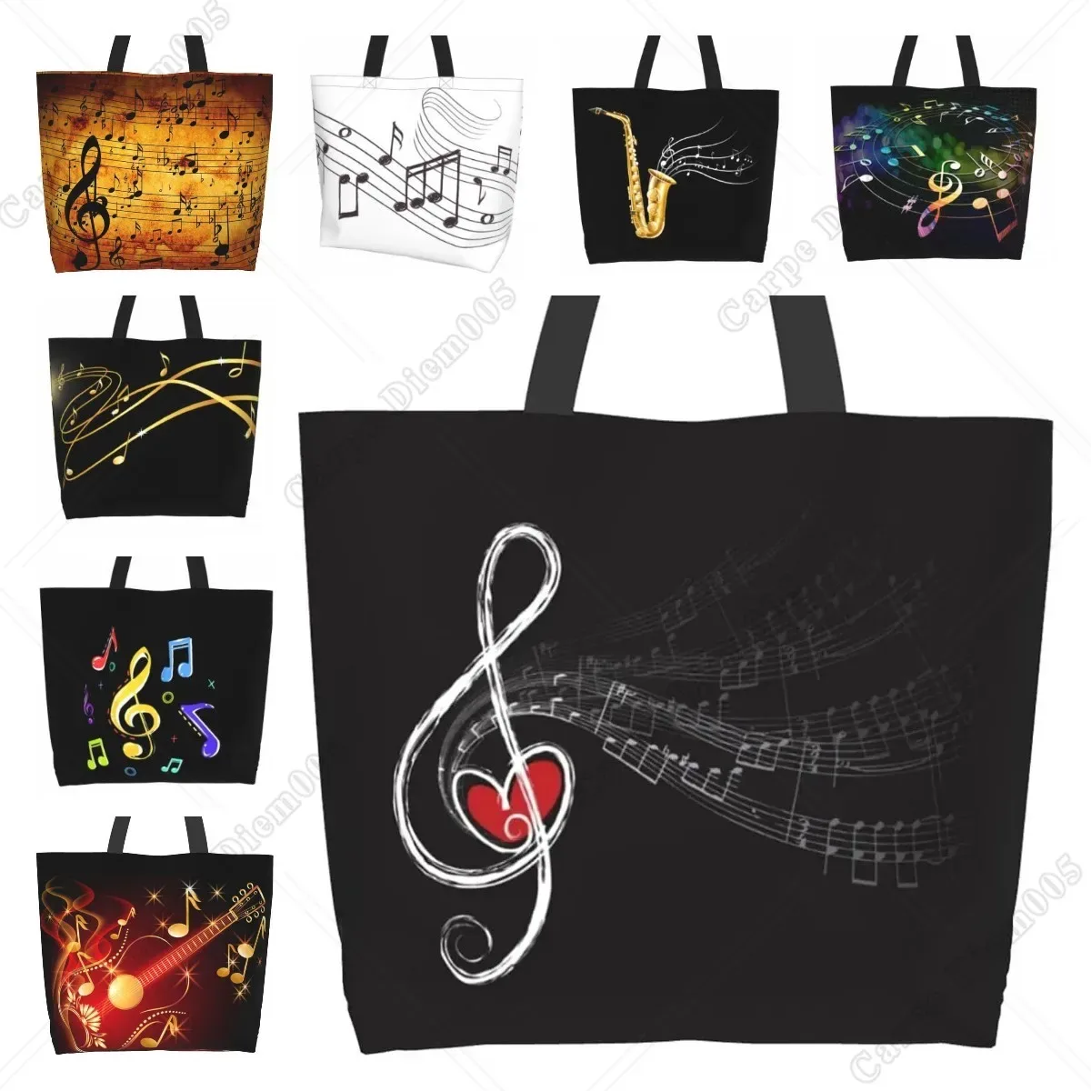 Grand sac fourre-tout réutilisable pour femme, sac à main décontracté, sac d'épicerie polyvalent, travail en plein air, marche, notes de musique