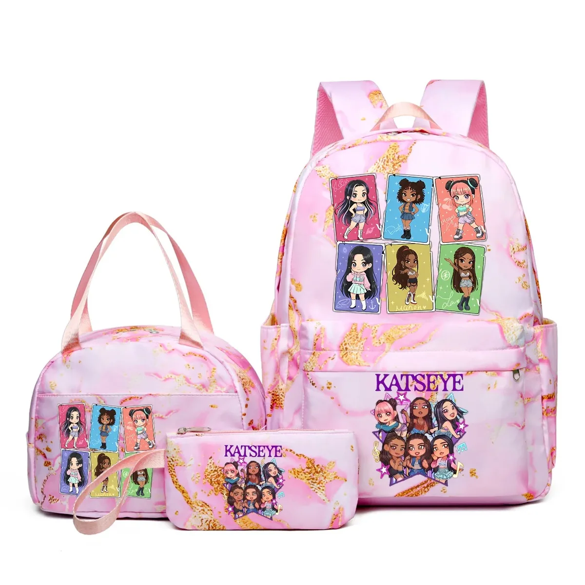 sacs à dos katseye music 3 pièces pour femmes et filles, sacs à dos de voyage et d'extérieur dégradés avec sacs à déjeuner, légers, pour adolescents, ordinateur portable, mochila