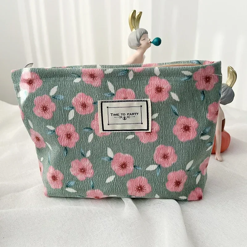 sacs de maquillage en velours côtelé pour femmes, sac à cosmétiques imprimé floral, trousse à crayons, trousse de toilette de voyage, sac de rangement, organisateur, trousse de beauté