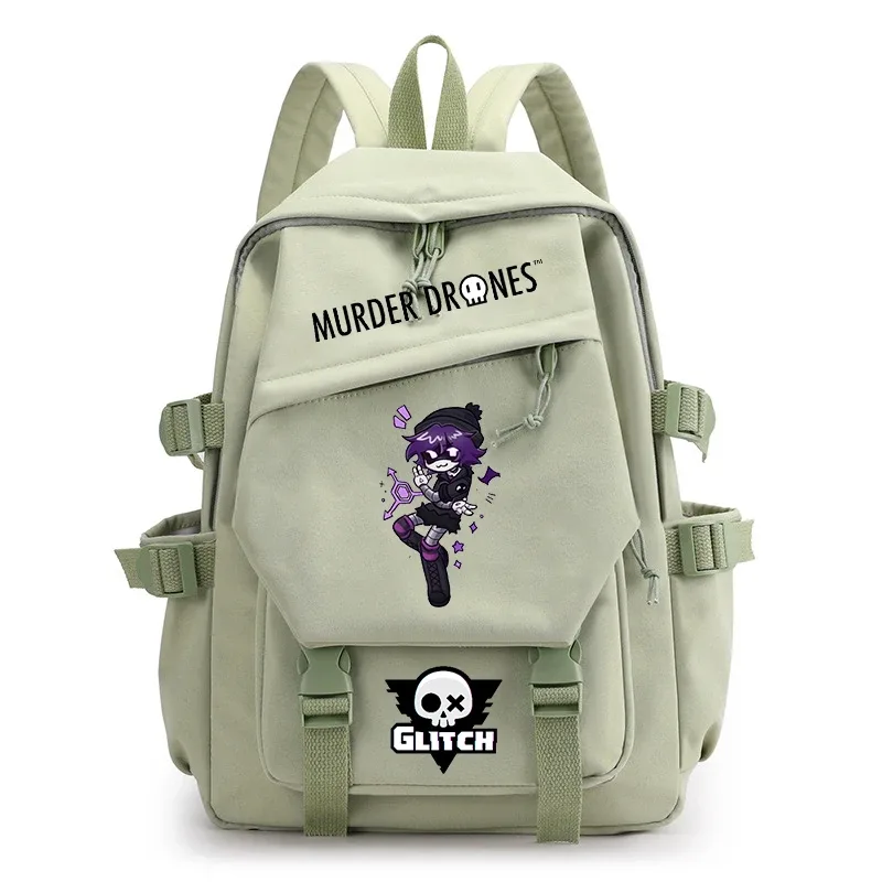 sac dos nylon dessin animé fille guitare murder drones glitch crâne hexagonal gris noir rose vert pastel bandoulière arcuée fermeture éclair usage voyage école