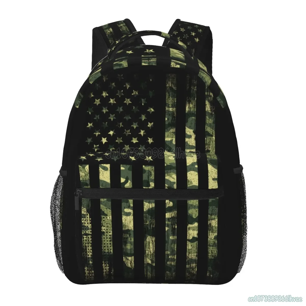 sac dos toile polyester noir motif américain rayures bleu rouge vert format rectangulaire poignées latérales fermeture glissière usage voyage école week-end vacances