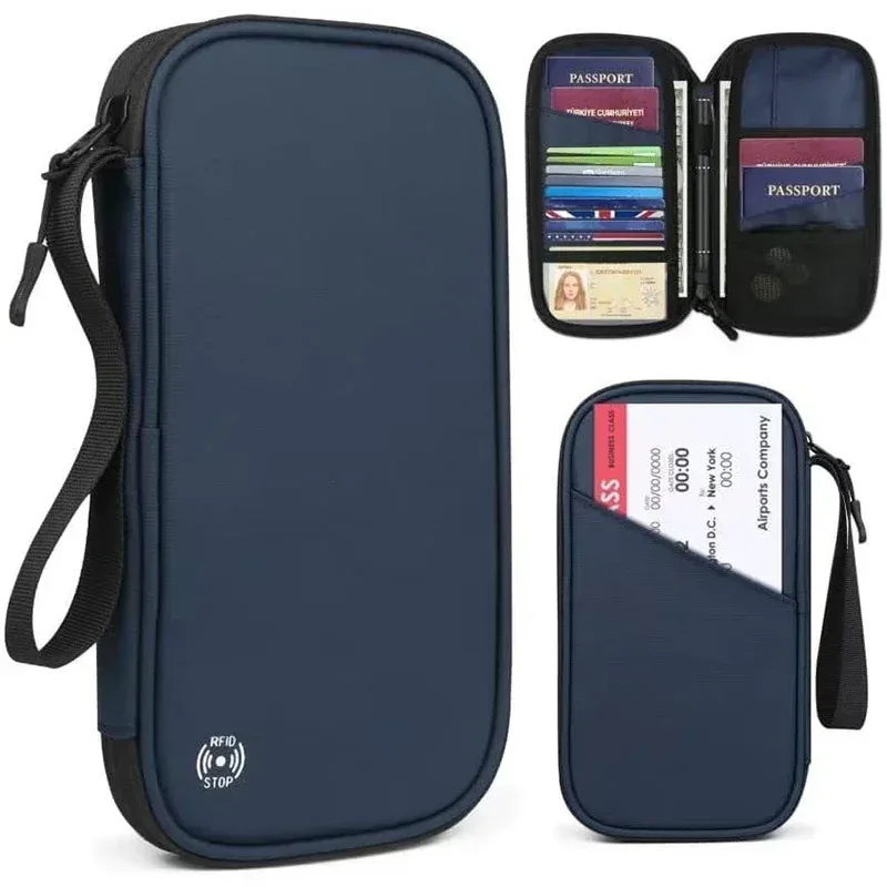 Pochette Voyage Polyester Bleu Compartiments Documents Billets Cartes Porte Monnaie Bloc RFID Organisateur Famille Transport Pratique
