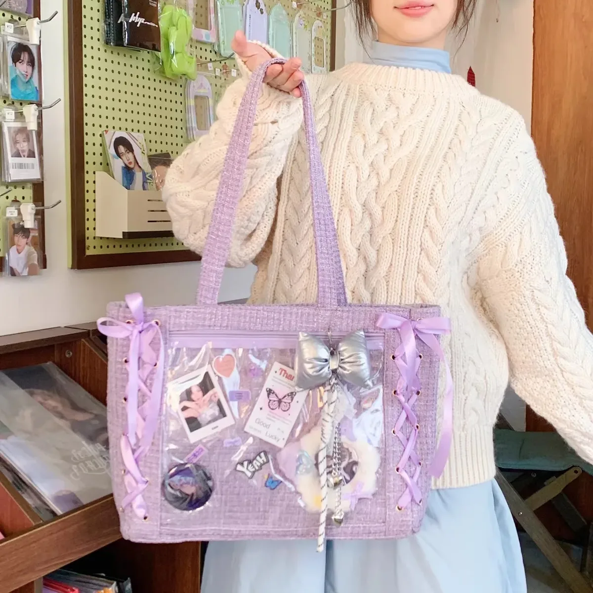 nouveau sac à bandoulière y2k avec nœud en ruban, style japonais ita, pochette transparente mignonne pour fille, grande capacité, sac fourre-tout à bandoulière, sacs à main diy pour affichage