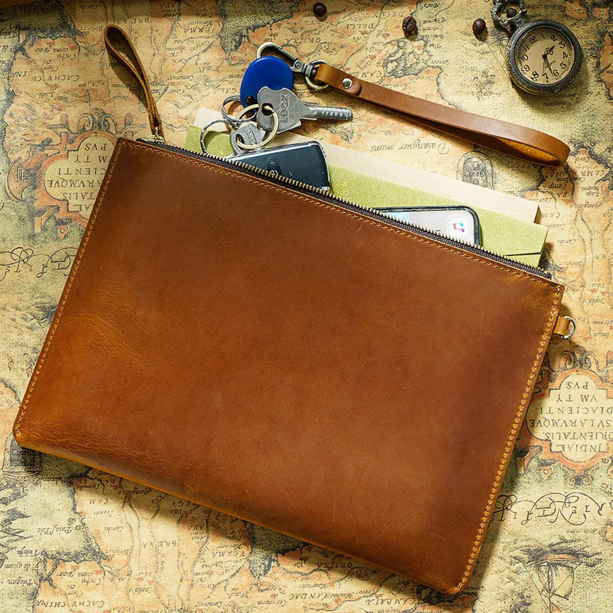 pochette de rangement de documents vintage en cuir véritable, avec fermeture éclair, porte-papier mince pour ipad mini et smartphone, bureau de voyage