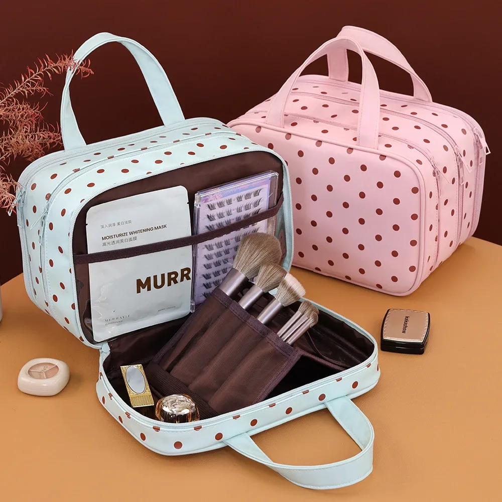 sac de maquillage portable à pois, sac à cosmétiques multifonctionnel à trois couches en cuir pu, sac de rangement de voyage étanche de grande capacité