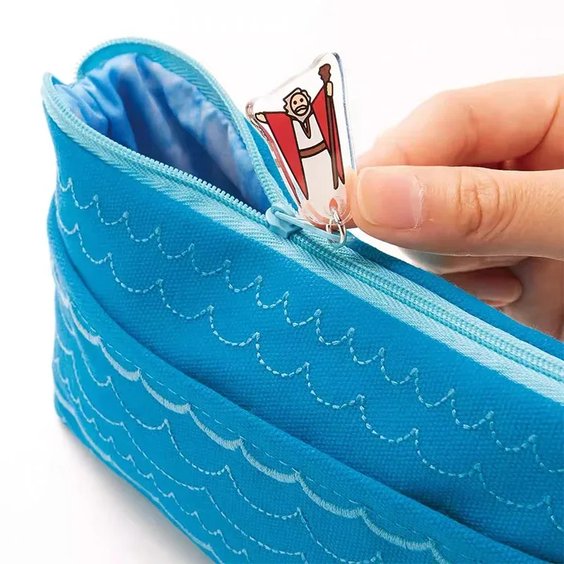 Pochette Voyage Nylon Motif Vagues Bleues Intérieur Noir Stylos Crayon Rangement Fournitures Papeterie Cosmétiques Transport