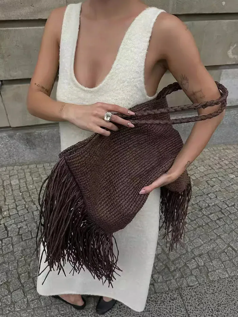 décontracté gland tissé femmes sacs à bandoulière à la main frange dame sacs à main été plage grand sac fourre-tout grand shopper sac à main pour les vacances