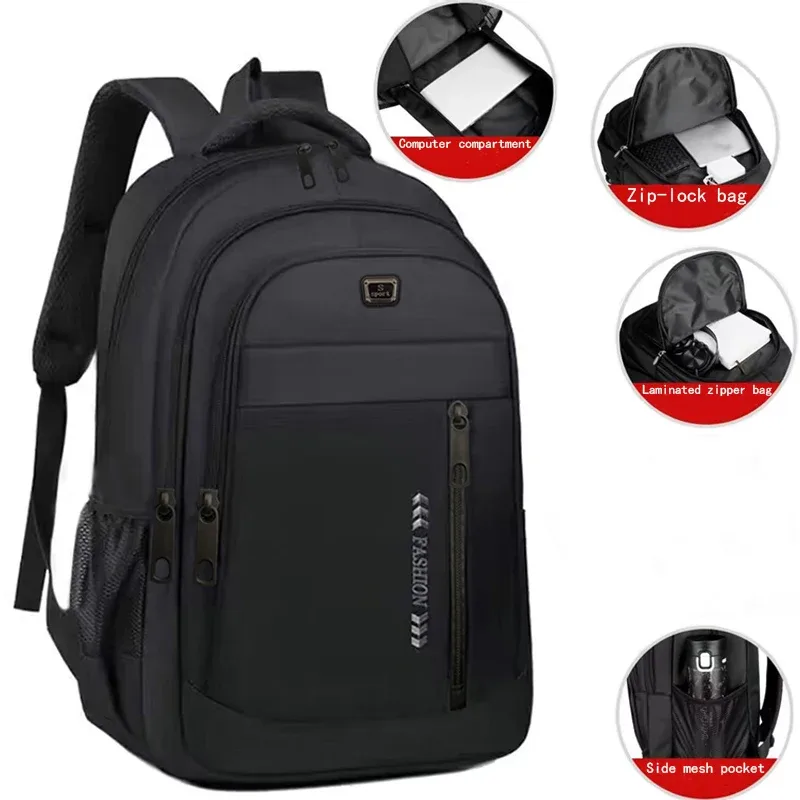 sac dos nylon noir accents orange motif flèches blanc bande latérale compartiments ordinateur grande capacité usage voyage