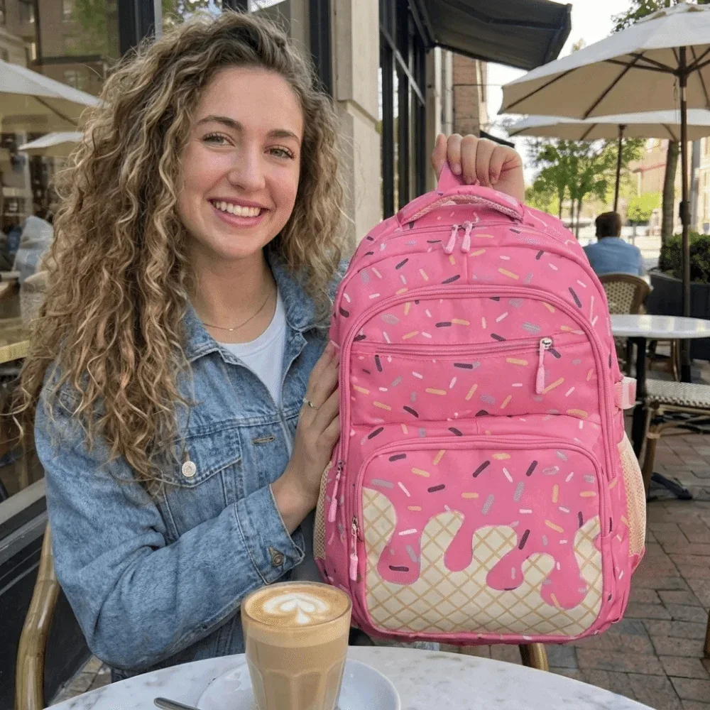 sac dos toile oxford motifs crème glace couleurs roses blanches format petit taille grande capacité bandoulière trousse crayons usage étudiant sortie