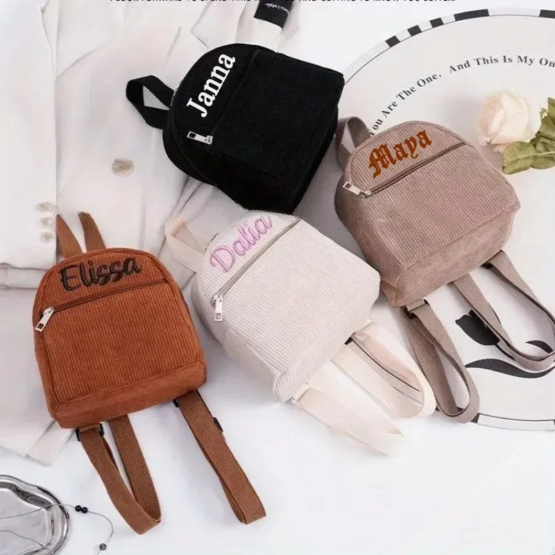 sac à dos en velours côtelé avec nom brodé personnalisé, solide, multicolore, simple, décontracté, léger, parfait pour les déplacements quotidiens, voyage essentia