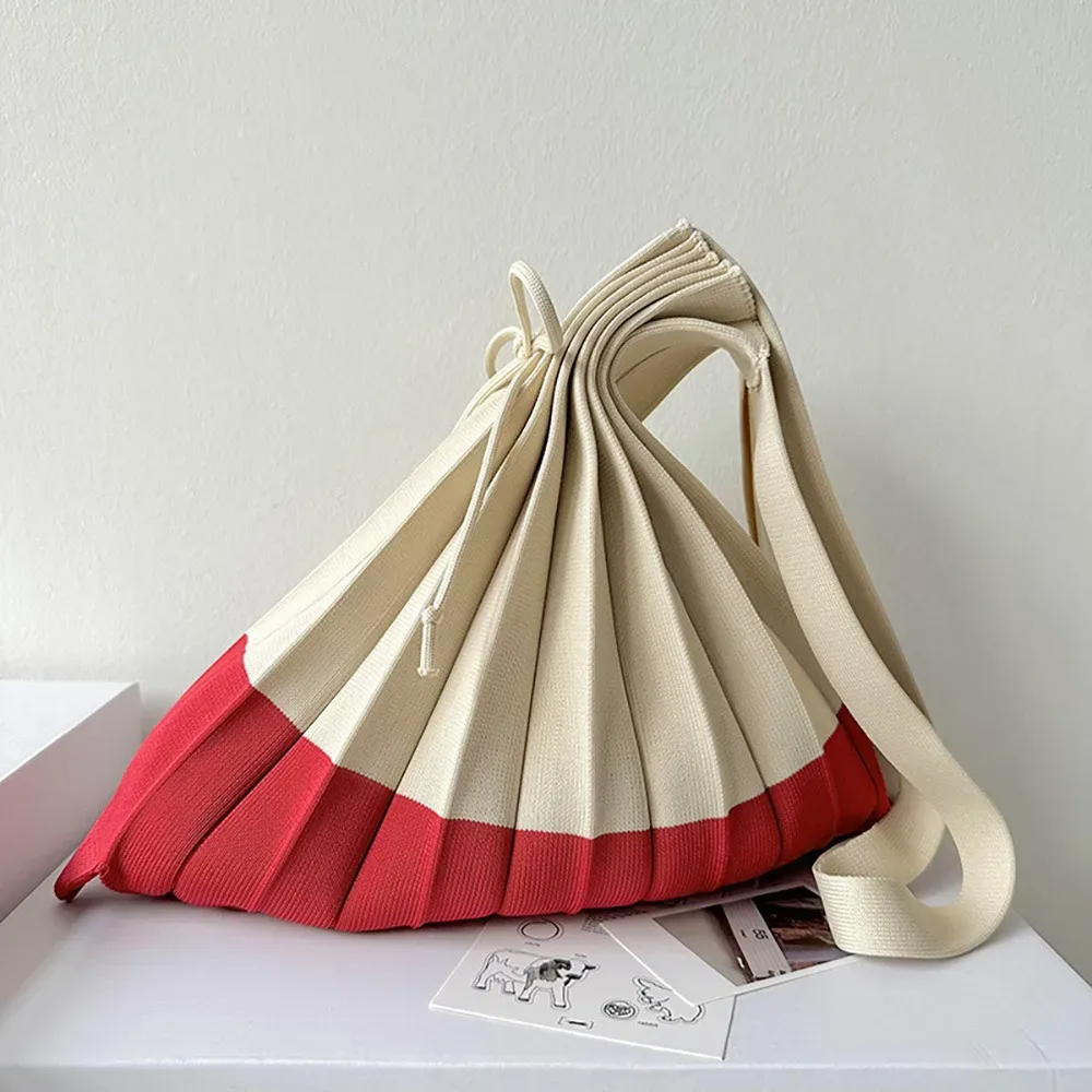 sac à main pliable en tricot, sac de shopping de grande capacité, pochette à bandoulière, sac écologique pliable, sac plissé de couleur contrastée, sac de voyage