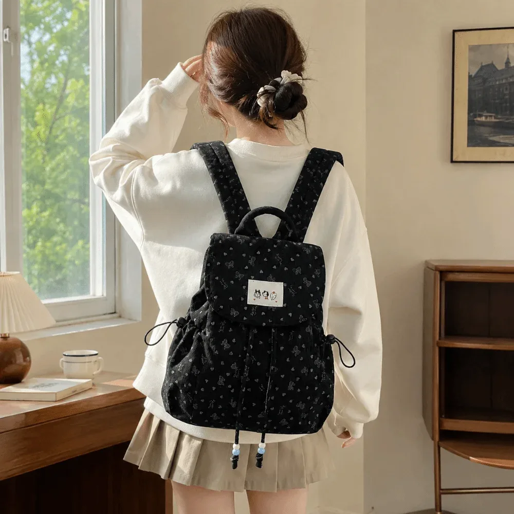 sac à dos léger en velours côtelé à imprimé nœud papillon, grande capacité, design simple, sac à dos à cordon, polyvalent, décontracté, pour les trajets quotidiens