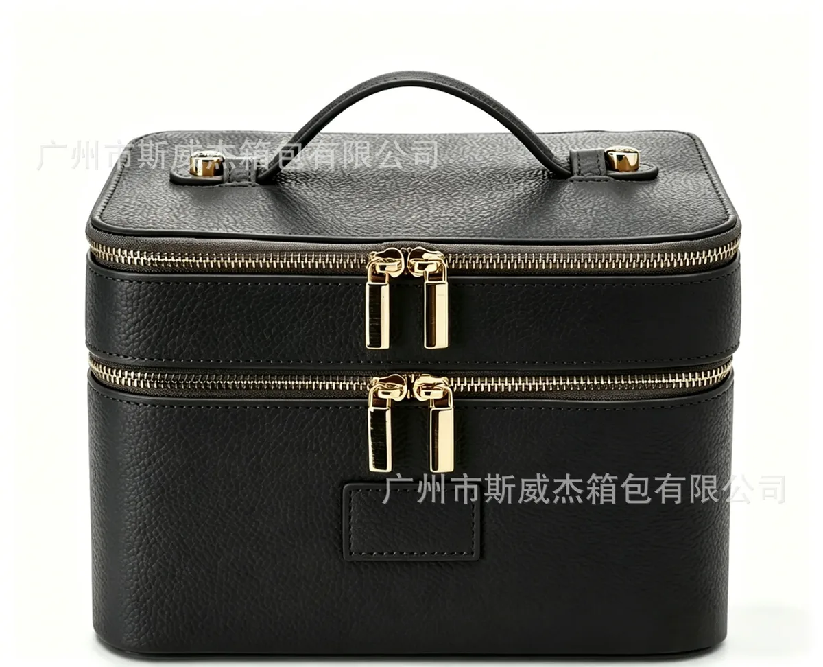 nouvelle trousse de maquillage double couche en cuir pu imperméable grande capacité haut de gamme, sac de voyage et de rangement pour cosmétiques