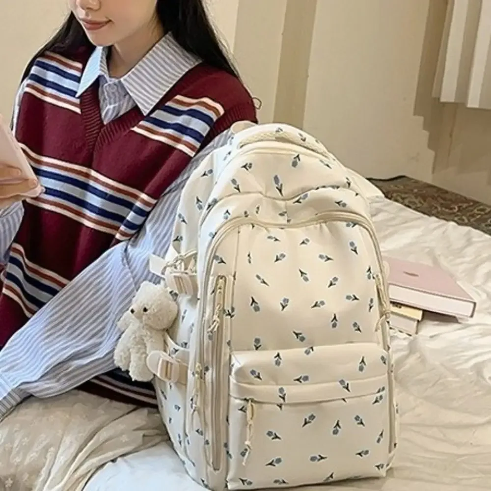 sac à dos mignon à imprimé floral de grande capacité, multi-poches, motif de nœud épaissi, sac d'école léger et durable, sac à dos de voyage