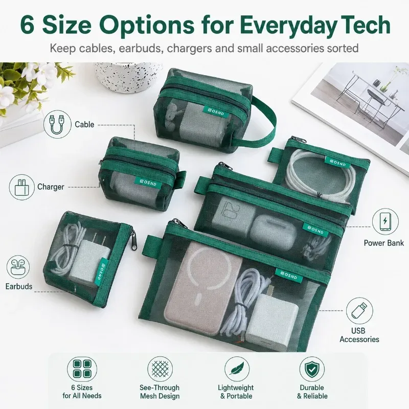 lot de 6 sacs de rangement en maille transparents et étanches pour câbles, chargeurs, écouteurs, accessoires de voyage et téléphones