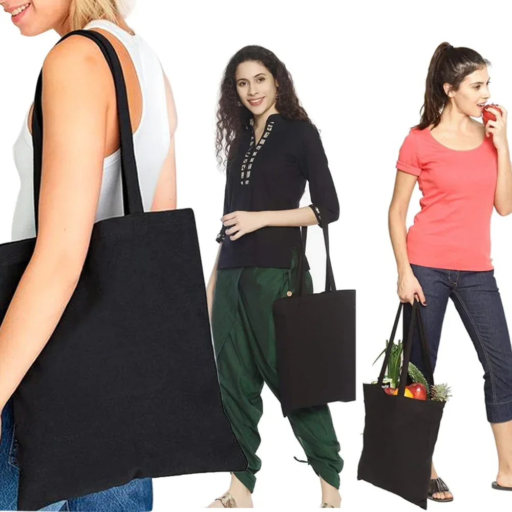 sac de shopping en toile noire pour femmes, fourre-tout décontracté réutilisable, sac à bandoulière à motif blanc imprimé, sac à main pliable de grande capacité