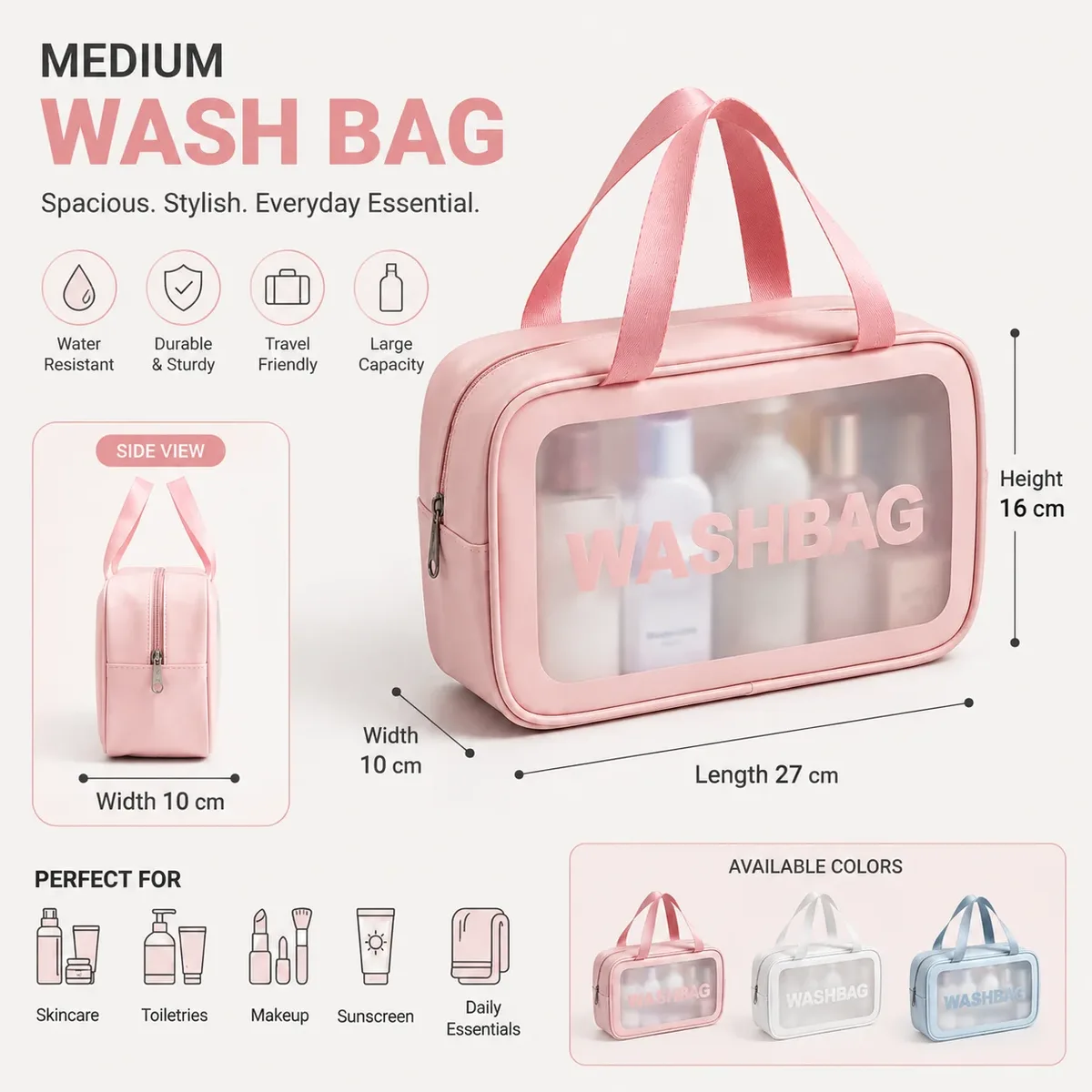 sac de toilette de voyage portable, grande capacité, étanche, organisateur de maquillage avec double poignée, sac de rangement transparent pour cosmétiques