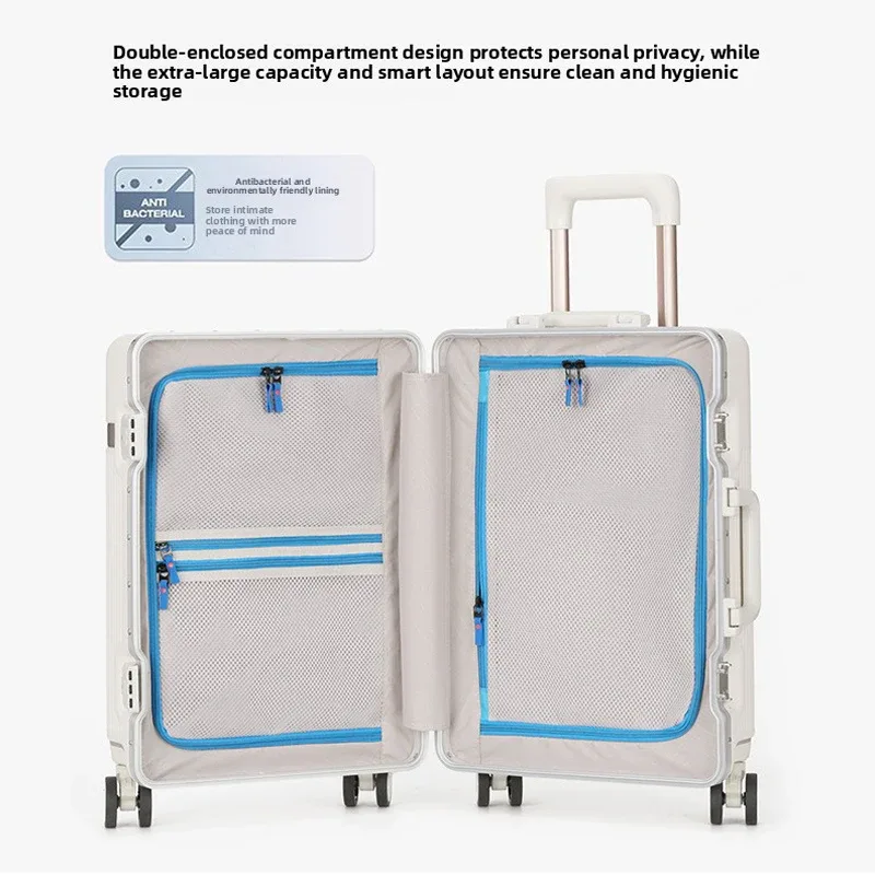 valise de voyage 20/22/24/26 pouces avec roulettes pivotantes, cadre en aluminium multifonctionnel, bagage à main en pc