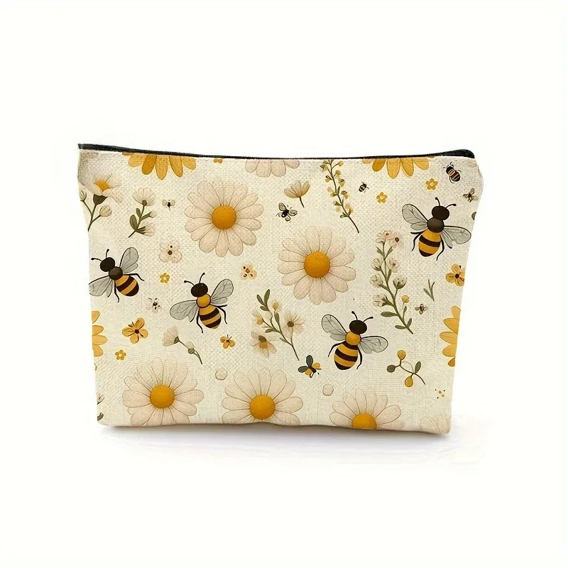 trousse de maquillage à motif d'abeille, 1 pièce, jolie pochette à cosmétiques avec fermeture éclair, design beige et floral, cadeau parfait pour les femmes, anniversaire
