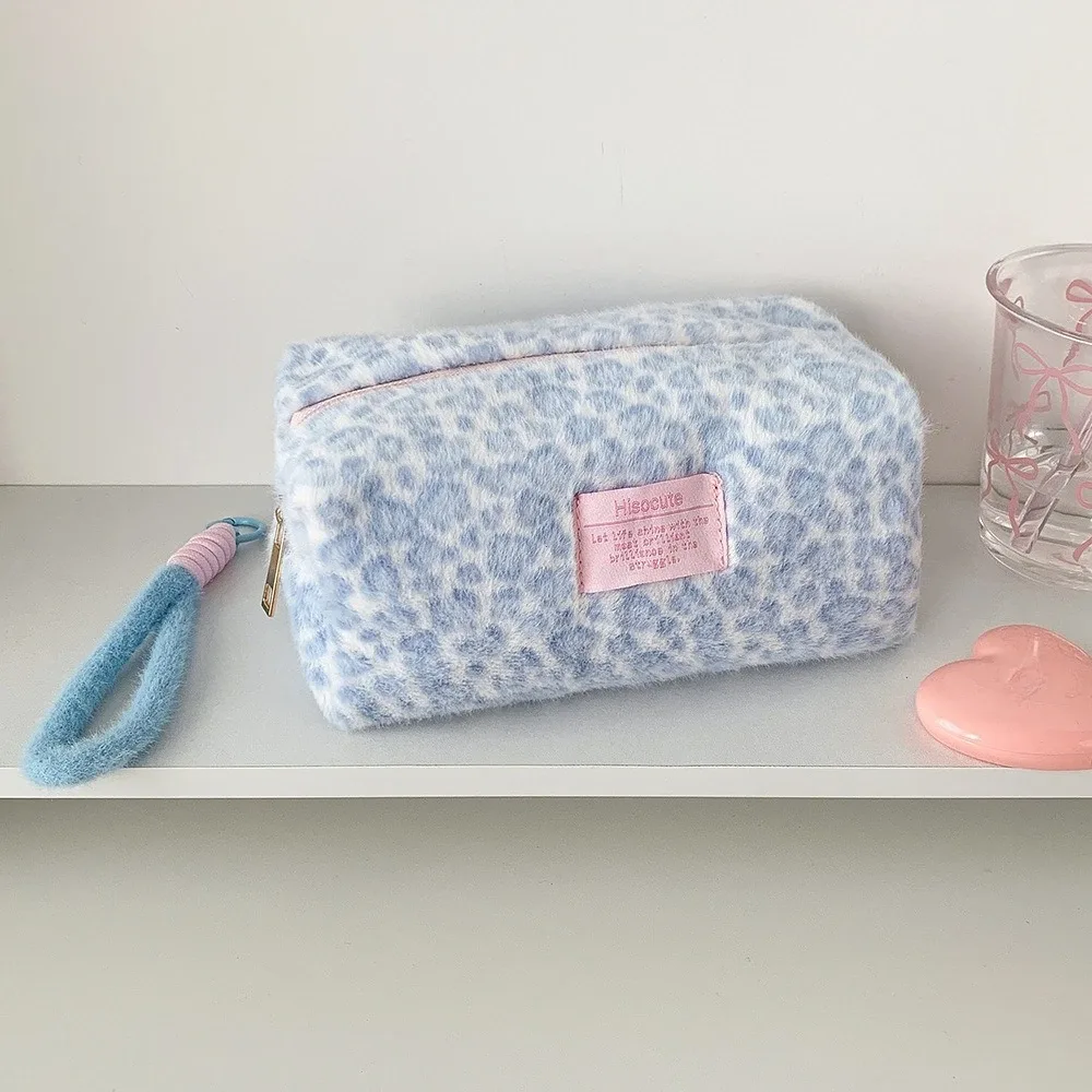 sac de maquillage d'écolière imprimé léopard de couleur rose en peluche, grand fourre-tout cosmétique pour femmes, mignon, portable, organisateur de transport à main de voyage