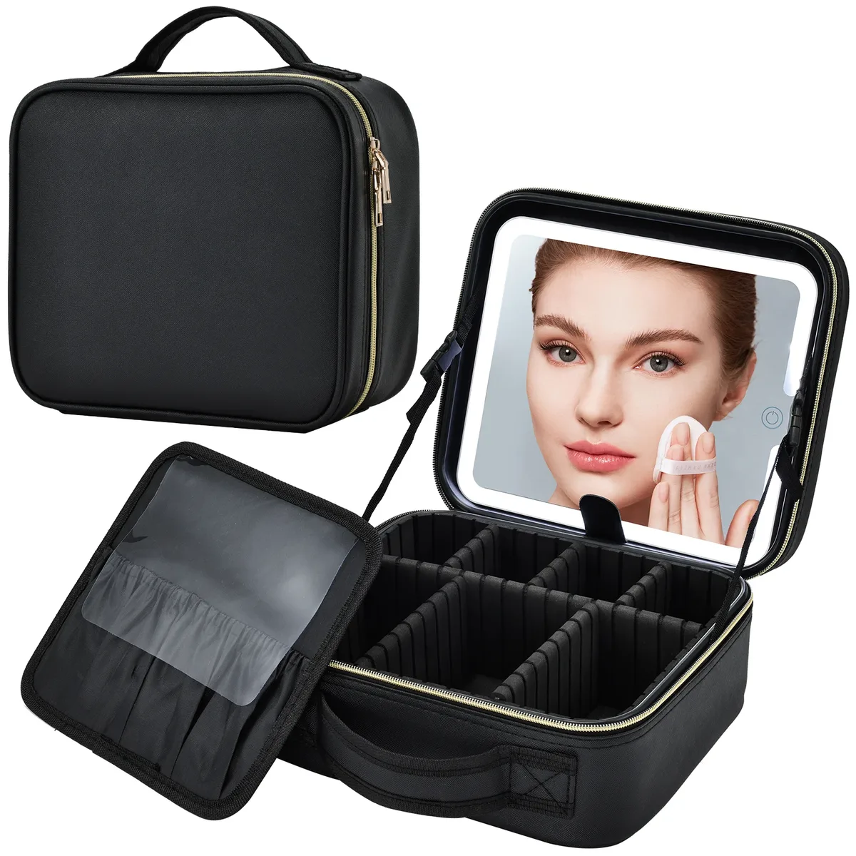 trousse de maquillage avec miroir led, 3 modes d'éclairage, trousse de maquillage avec miroir de vanité avec lumières, trousse de maquillage de voyage avec miroir éclairé