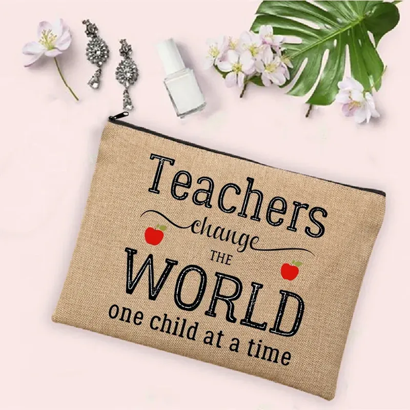 teacher change the world linen powder trousse de toilette de voyage pour femme, trousse de maquillage, cadeau de retour à l'école, sac à cosmétiques