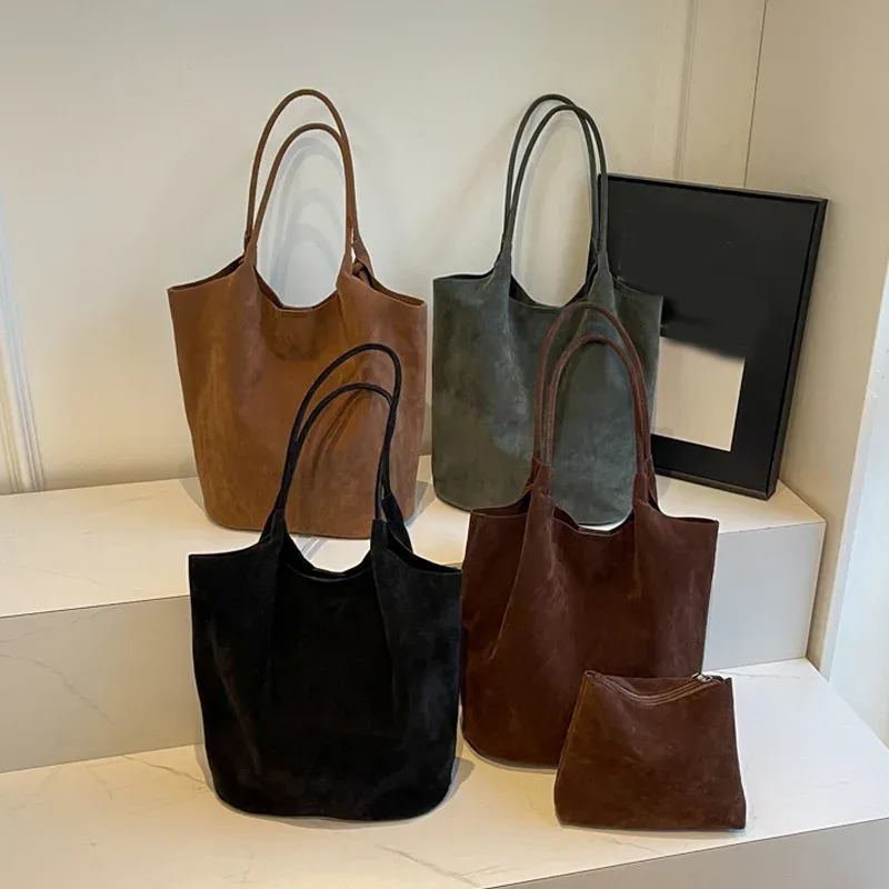 sac à bandoulière rétro en daim pour femmes, nouvelles couleurs unies, fourre-tout décontracté de grande capacité, fermeture éclair, fil à coudre polyvalent pour l'artisanat