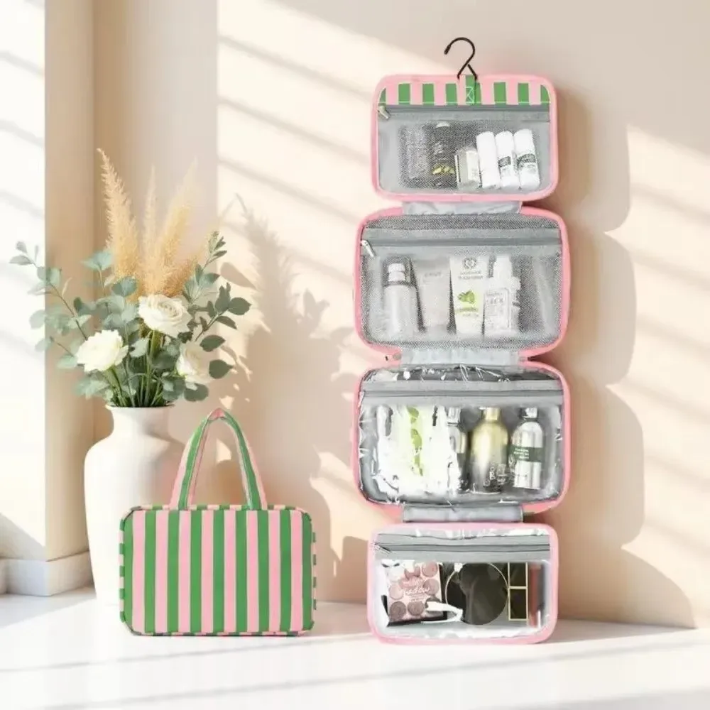 trousse de toilette de voyage suspendue portable rayée, organisateur cosmétique pliable 4 volets avec crochet, grande capacité, sac de maquillage pour extérieur