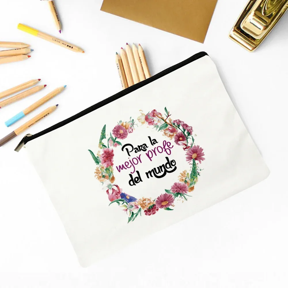 meilleur professeur du monde sac de maquillage imprimé espagnol nécessaire de voyage pochette de rangement d'articles de toilette sacs à crayons cadeau de diplômé pour enseignant