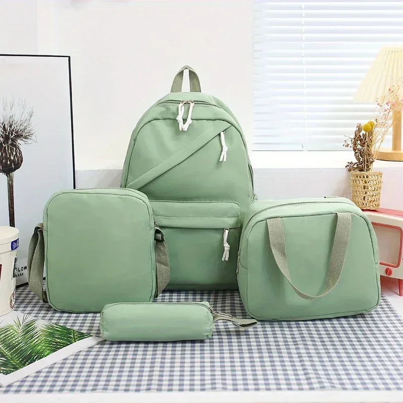 mode décontractée 4 pièces ensemble retour à l'école grande capacité en nylon couleur unie sac à dos & sac à main et trousse à crayons sac à dos pour l'école