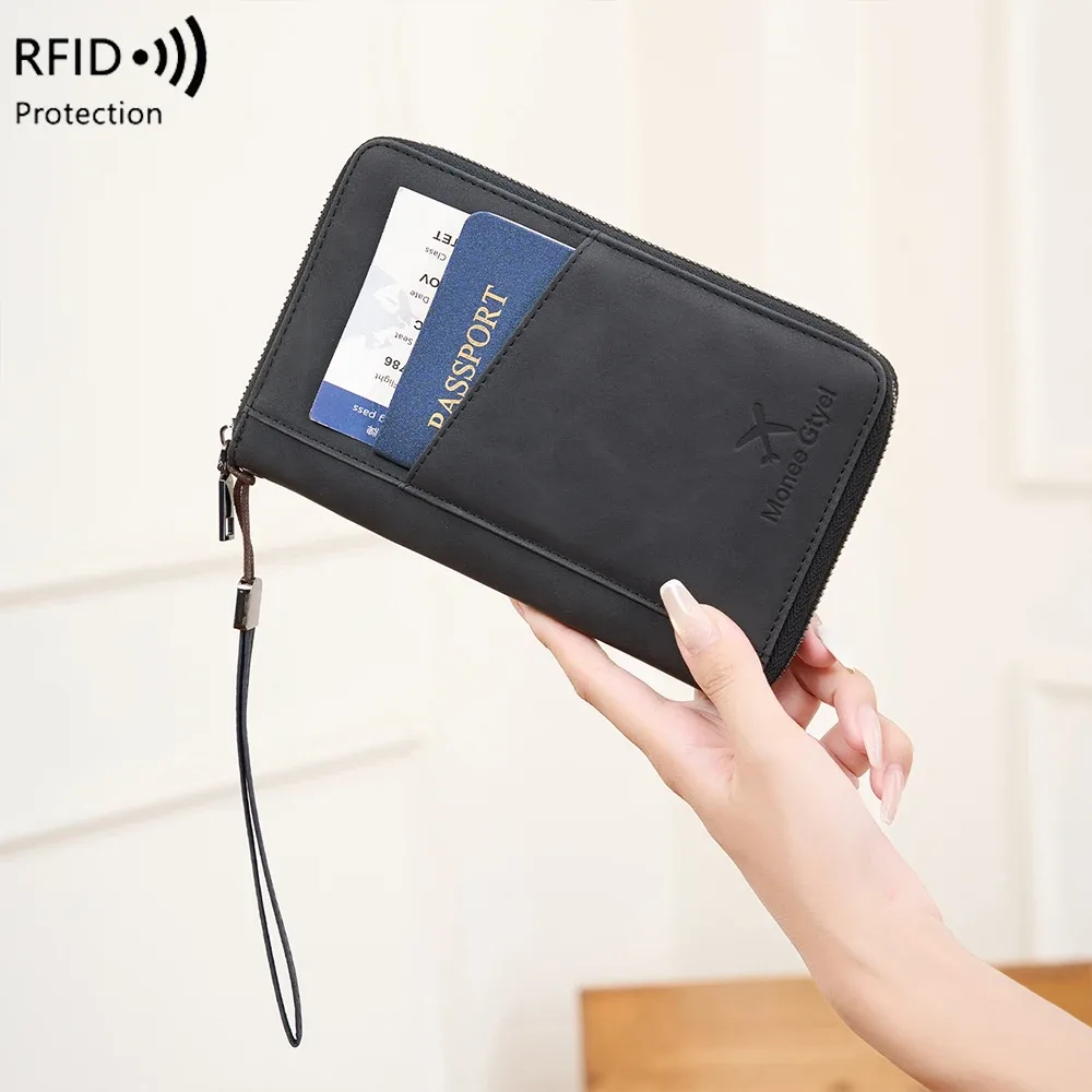 porte-passeport anti-vol rfid, portefeuille de voyage, organisateur de documents en similicuir avec fermeture éclair, couverture de passeport avec sangle de poignet