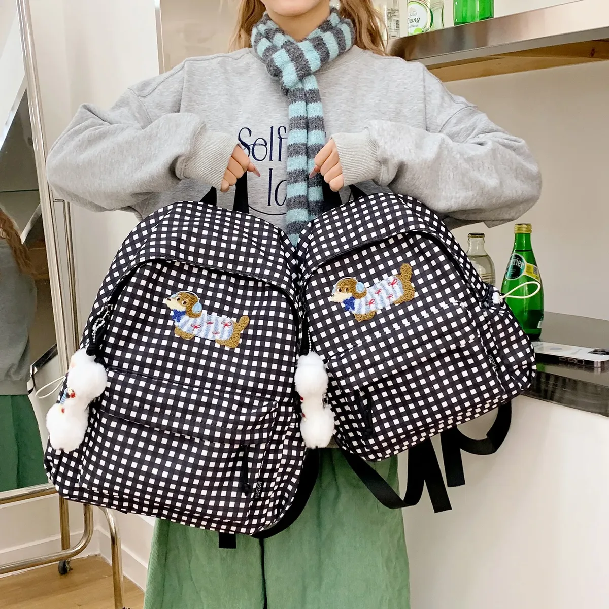 sac à dos grande capacité pour femme, style universitaire, motif chien saucisse de dessin animé coréen, sac à livres polyvalent à carreaux, loisirs et voyage