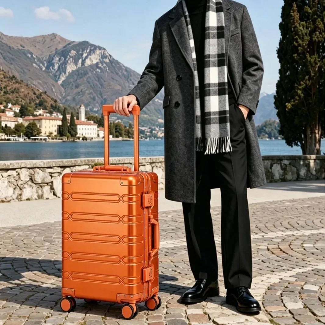 valise à roulettes de grande capacité en alliage d'aluminium et de magnésium, style rétro, avec serrure, pour voyages d'affaires.