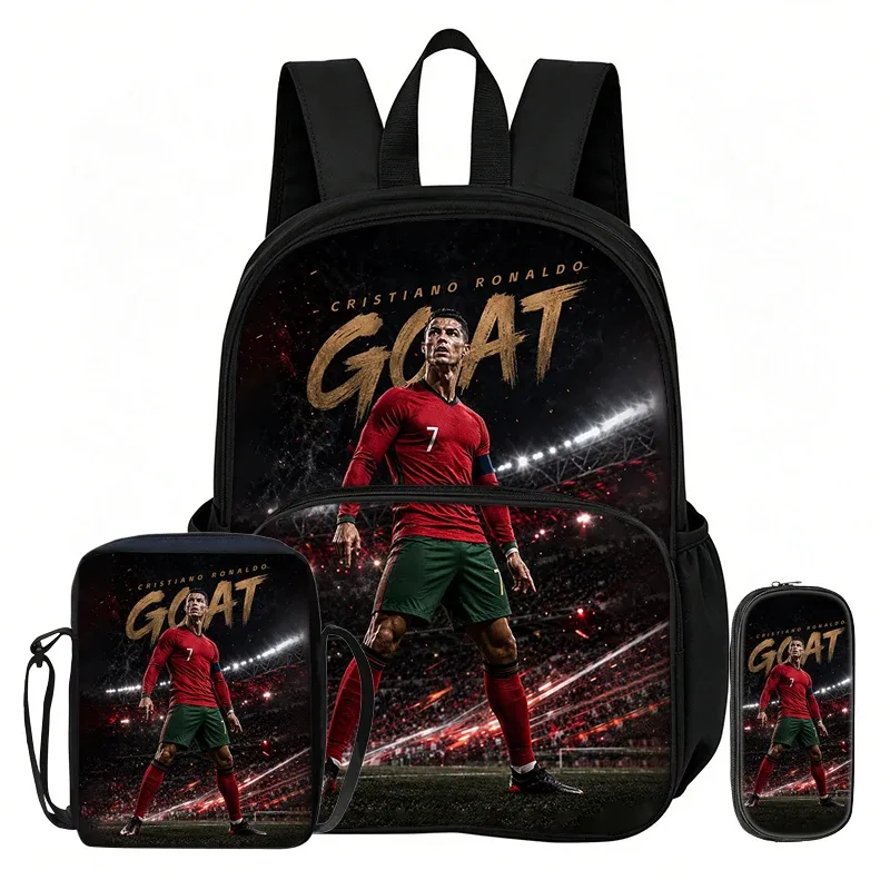ensemble de 3 sacs à dos avec poche avant ronaldo learn, sacs à bandoulière pour voyage et fans de football, trousse à crayons, sacs d'école et de sport