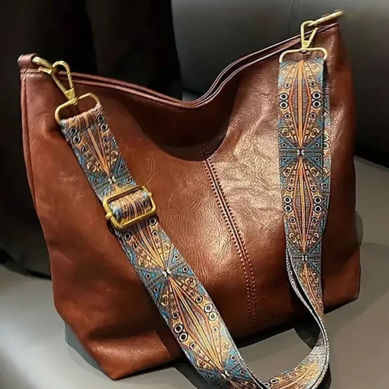 sac à bandoulière en cuir pu pour femmes, vintage, couleur unie, mode, grande capacité, simple, réglable, large sangle, sacs seau