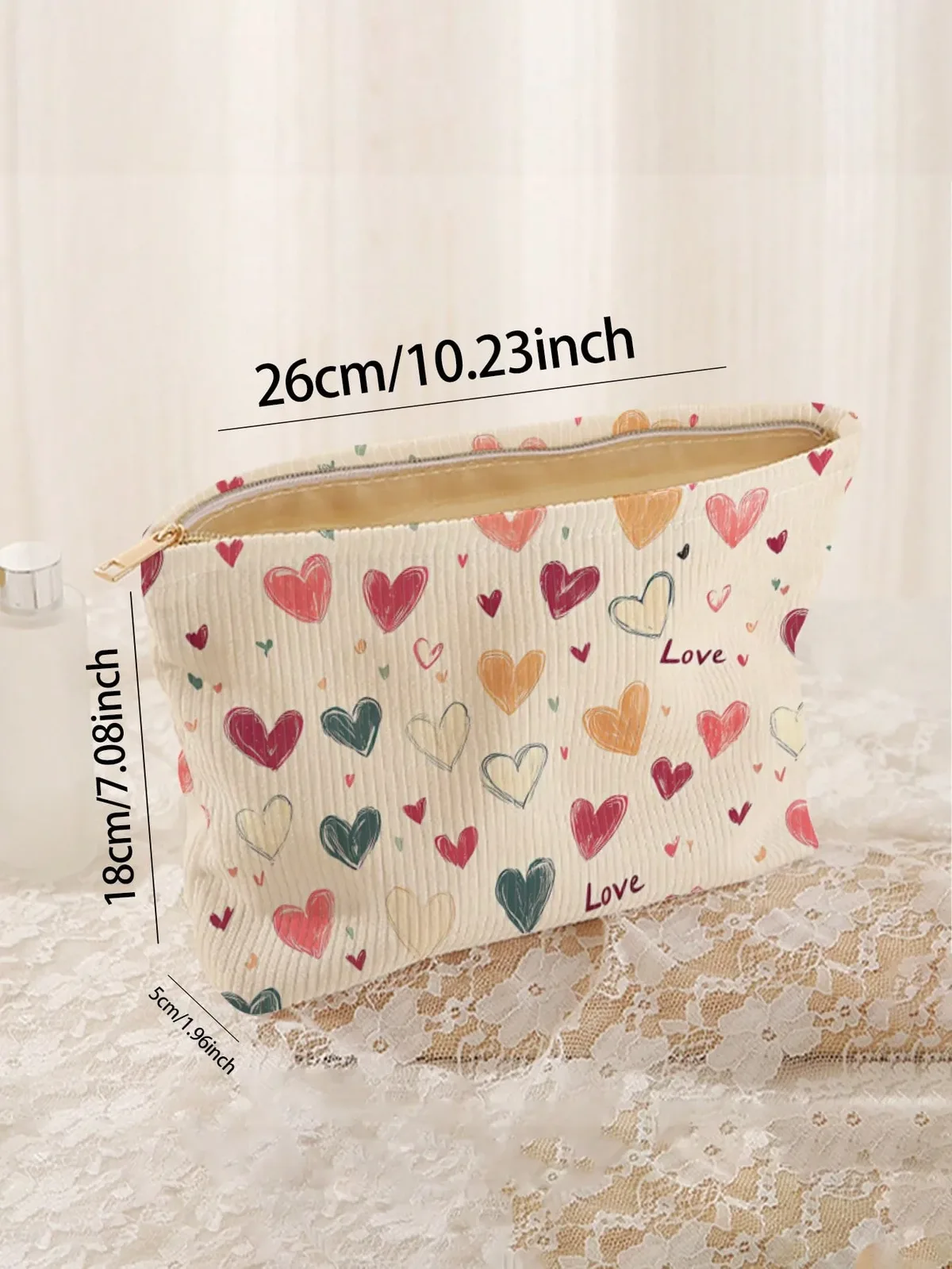 1 pièce, sac de rangement portable pour cosmétiques avec motif de cœur coloré, imprimé double face, sac de maquillage de voyage à fermeture éclair