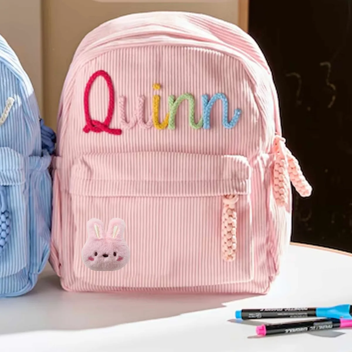 sac à dos en velours côtelé personnalisé 1 pièce, lettres brodées à la main, décorations florales/animales, cadeau idéal.