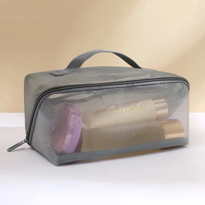 sac de rangement de maquillage en maille transparente, vente en gros, pochette de toilette de maquillage de voyage, sac de toilette, fourre-tout organisateur de cosmétiques, sacs à fermeture éclair