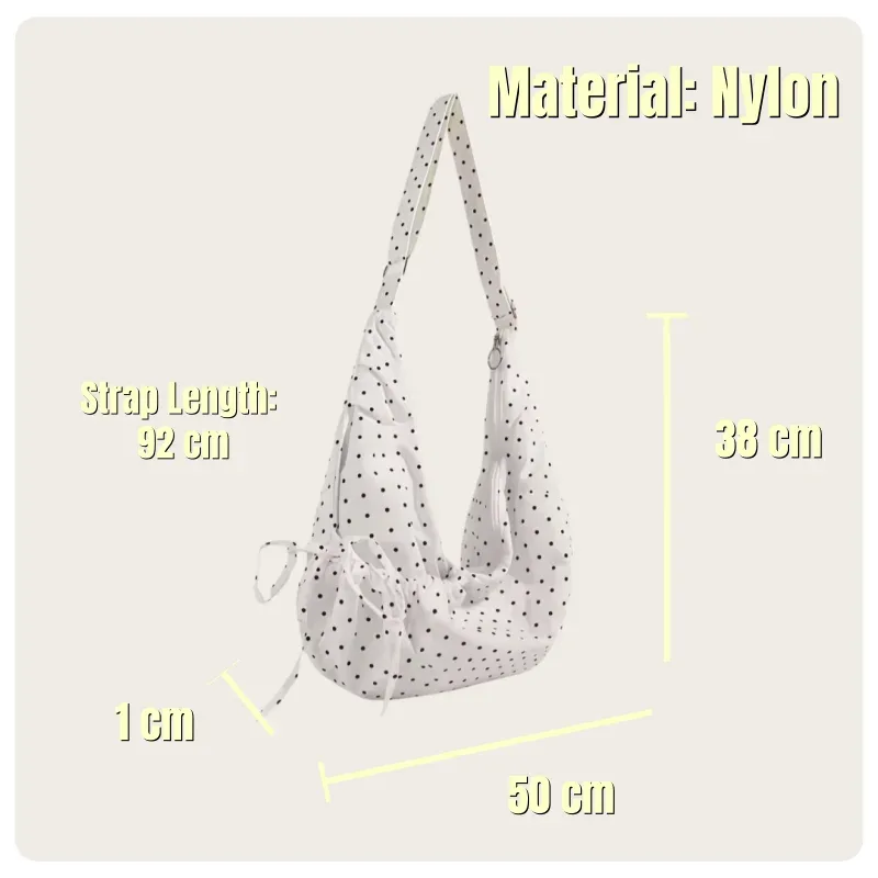 sac à bandoulière hobo de style coréen pour femmes, blanc, noir et rouge à pois, en nylon, avec sangle réglable, design à cordon de serrage, léger, grande capacité