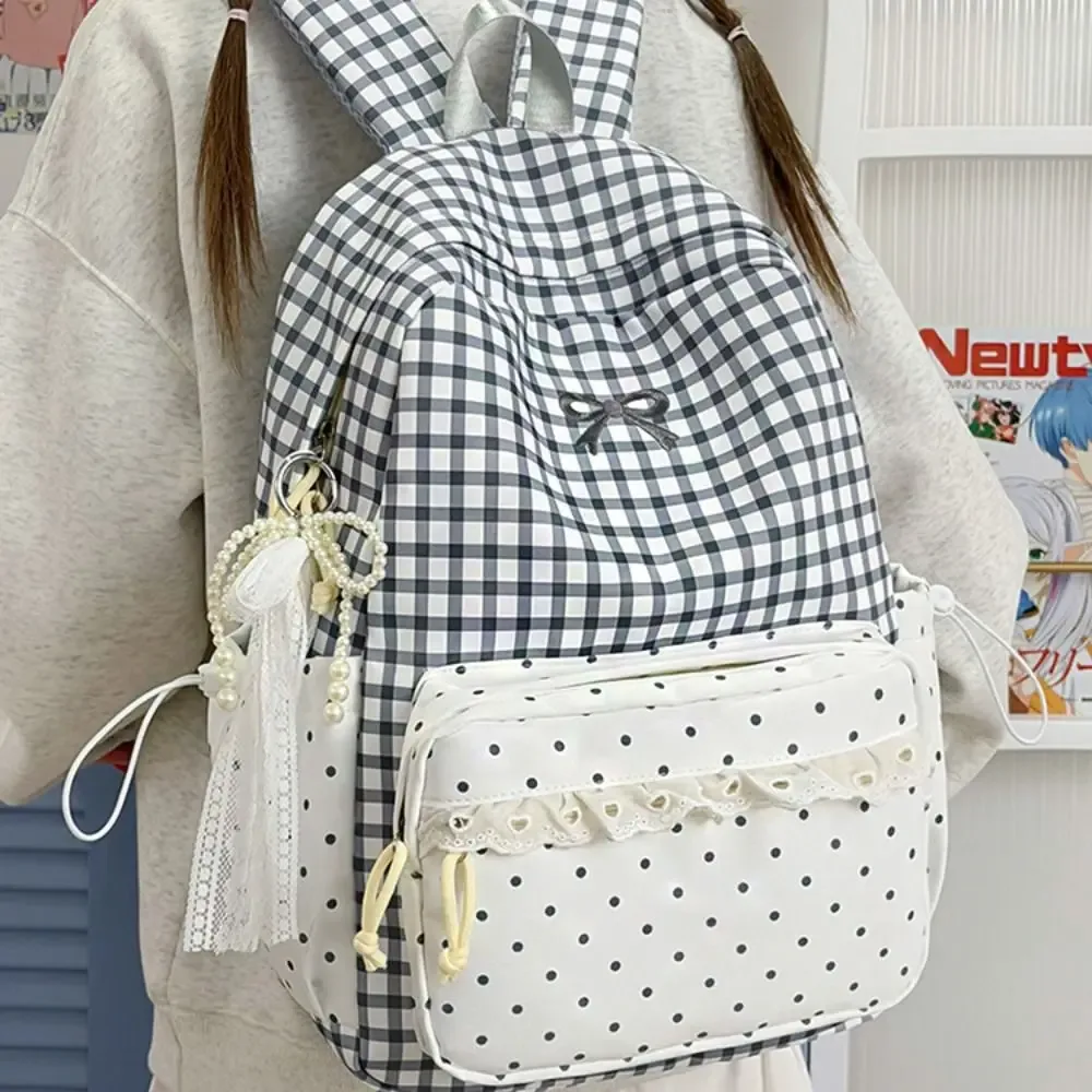 sac à dos mignon à pois avec nœud et garniture en dentelle à carreaux, durable, design nœud, pour étudiants et trajets quotidiens