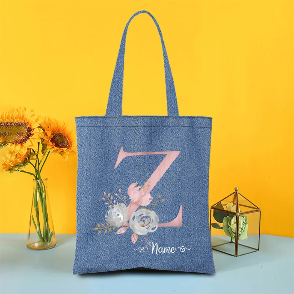 sac fourre-tout en denim personnalisé avec lettre avec nom, sac à main pour mariage, enterrement de vie de jeune fille, sacs de demoiselle d'honneur, sac à bandoulière de voyage, cadeau pour elle